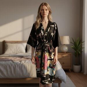 Elegant Black and Multicolor Kimono Robe